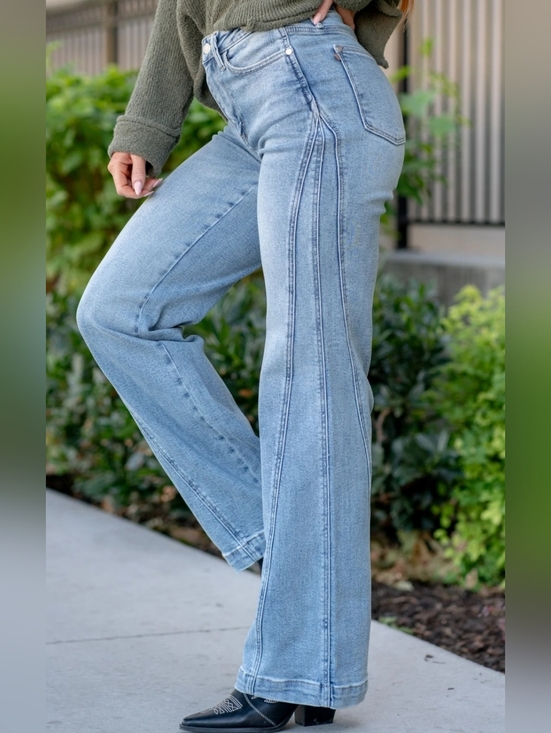 Judy Blue Denim - EUC JUDY BLUE Joy High Rise Side Seam Retro Wide Leg Medium Wash Jeans Size 9/29